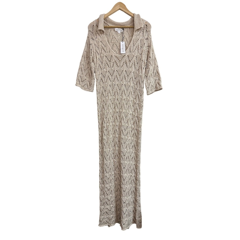 Velvet by Spencer Graham Jacqueline Crochet Maxi Dress Beige Knit Womens S‎ NWT - Picture 2 of 7